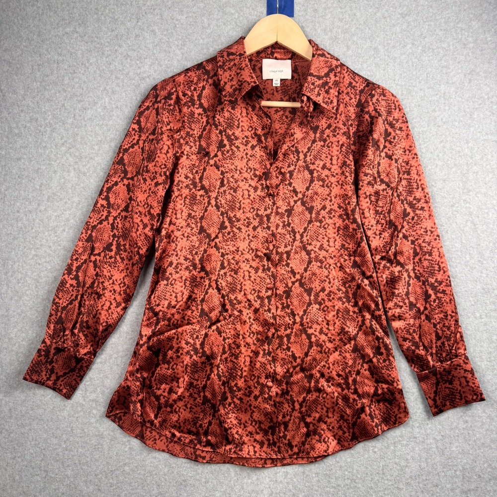 Cinq a Sept Top Womens XS Pink Brown Button Down Snake Satin Animal Print Blouse - Picture 1 of 7